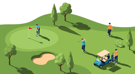 Isometric golf course scene with players and cart on sunny day