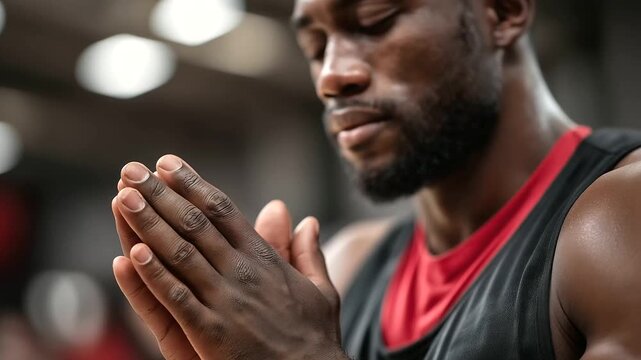 Athletic men's hands in team prayer huddle sports attire visible faces defocused sports ministry mental support faith and athletics gym or field setting with copy space