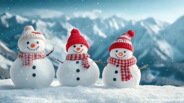 Three cheerful snowmen standing in a row wearing red and white knitted hats and scarves with gently falling snow against a backdrop of beautiful, soft focus winter mountains