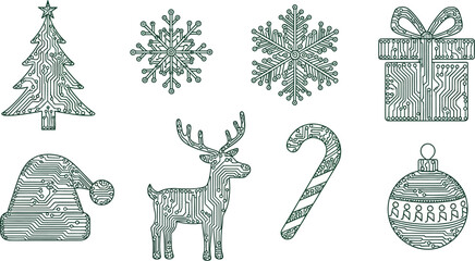 Christmas icons with circuit board pattern isolated on white background