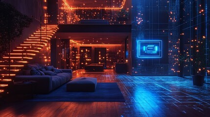 Futuristic living room with glowing lights and digital patterns creating a modern and technologically advanced atmosphere for relaxation and comfort