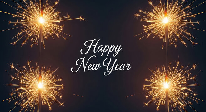 Happy new year greeting with glowing sparklers in topview on dark background, beautiful seasonal holiday decoration for winter celebration