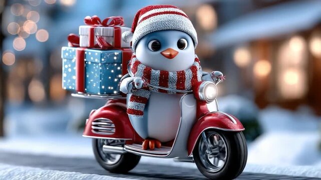 Adorable cartoon penguin wearing a Santa hat and scarf, joyfully riding a red scooter through a snowy landscape to deliver a stack of beautifully wrapped Christmas presents