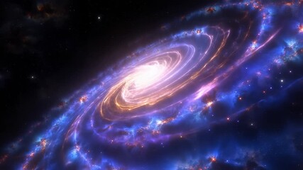 Swirling spiral galaxy in deep space, luminous core and radiant arms wrapped in blue nebulae and orange star‑forming regions, with cosmic dust lanes and scattered stars,astronomy concept - Powered by Adobe