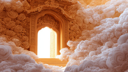 Fantasy Golden Archway Portal in Heavenly Clouds with Sunlight