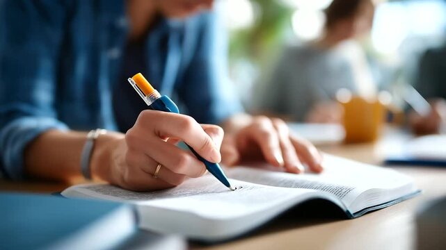 Close up of hands annotating Bible with highlighter and pen study group setting other participants defocused in background scripture meditation mental wellness spiritual