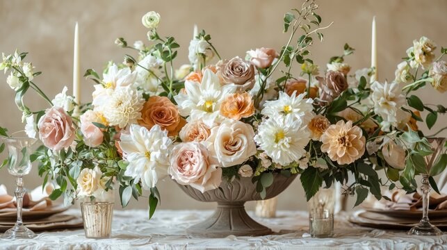 A collection of different flowers arranged in a beautiful centerpiece, with a soft, natural light.
