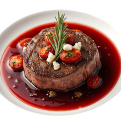 Delicious beef steak with red wine sauce tomatoes and rosemary gourmet food dish on transparent background