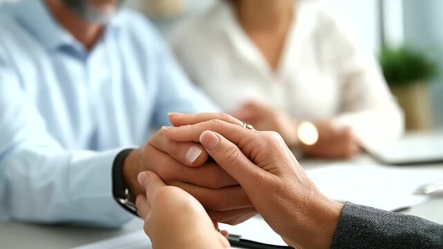 Counselor's hands gesturing between couple's hands on table marriage therapy faces defocused relationship mental health Christian counseling session pastoral care office with