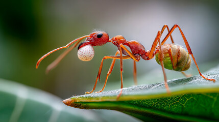 A red ant with its mouth open, standing on the edge of a green leaf