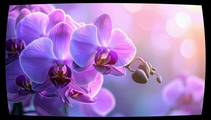 A cluster of delicate purple orchid flowers with visible petals and buds, set against a dreamy bokeh background of pink and purple hues.
