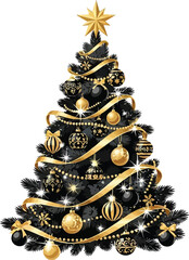 Beautiful black christmas tree with golden decorations isolated on white background