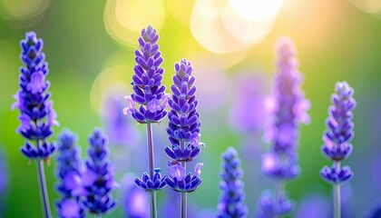 A close-up view of several blooming purple lavender flower stalks, with a soft, out-of-focus green and yellow bokeh background.