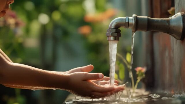 Child’s Hands Under Running Water from Outdoor Faucet