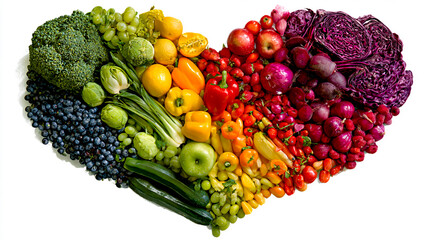 A rainbow-shaped heart made of various fruits and vegetables