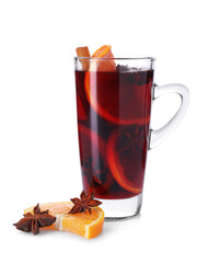 Tasty mulled wine, orange slice and anise isolated on white