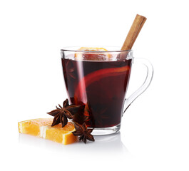 Tasty mulled wine, orange slice and anise isolated on white