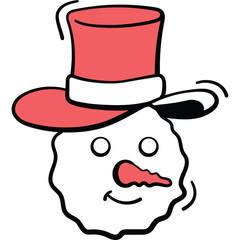 Cartoon Snowman Head Wearing Red Top Hat And Black Band And White Trim With Orange Carrot Nose And White Eyes And Smiling Mouth Isolated On Transparent Background