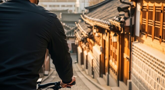 Asian man cycling bicycle through traditional Korean hanok village street with wooden architecture and curved tile roofs during golden hour sunset lighting