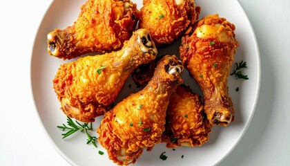 A close-up overhead view of a white plate filled with several pieces of golden-brown, crispy fried chicken, garnished with fresh rosemary sprigs.
