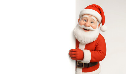 3D Santa Claus Peeking from Behind a White Wall with Blank Background for Copy Space