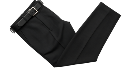 Black dress pants with a black leather belt and silver buckle isolated on a transparent background trousers