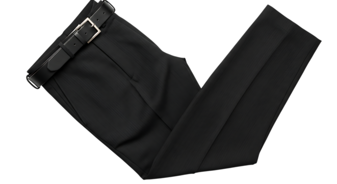 Black dress pants with a black leather belt and silver buckle isolated on a transparent background trousers