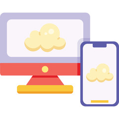 Desktop Computer Monitor and Smartphone Displaying Cloud Icons Against a Purple and Red Background