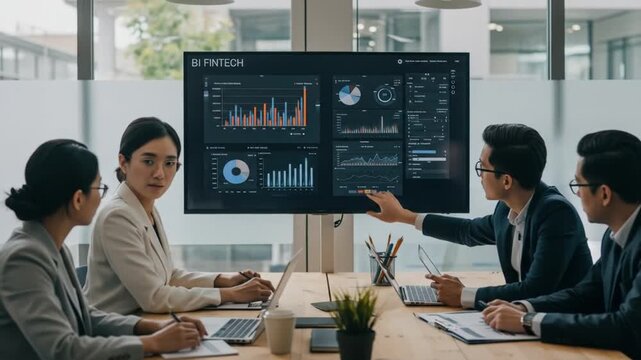 Team collaborates on financial data presentation displayed on a large screen