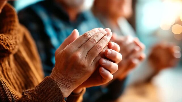 Grandparents' hands with parents' hands in multi generational prayer family unity faces defocused extended family support mental wellness faith community with copy space