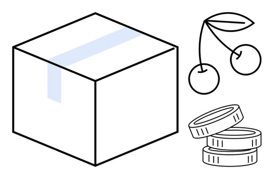 Simple box with tape, cherry pair on a branch, and coin stack. Ideal for e-commerce, packaging, finance, fruit trade, retail shipping grocery shopping. Simple flat metaphor