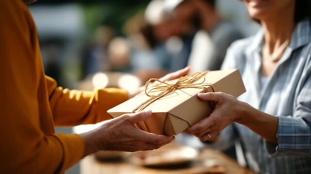 Hands distributing food packages at community outreach volunteer service faces obscured by angle charitable giving mental health support initiative helping those in need