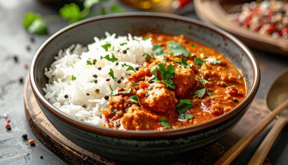 A close-up shot of a bowl of Indian chicken curry served with fluffy basmati rice, garnished with fresh cilantro and black peppercorns.