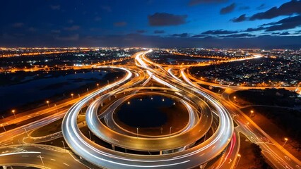 Nighttime Aerial View of a Busy Highway Interchange with Illuminated Traffic