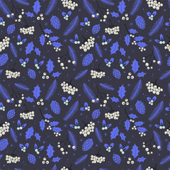 Winter botanical seamless pattern with hand drawn leaves, branches, berries, pine cone, dark background. Floral tiling wallpaper. Christmas, New Year seamless pattern for greeting card, wrapping paper