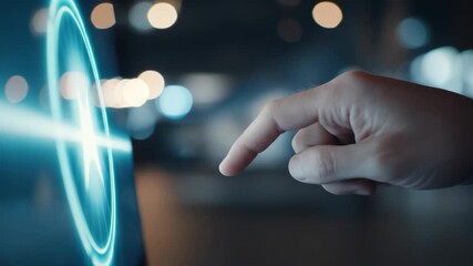 Human hand touching glowing digital interface screen with bokeh lights - Powered by Adobe