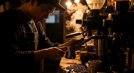 Professional barista preparing espresso coffee using commercial machine in warm ambient cafe interior with scattered coffee beans