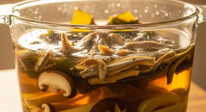 Traditional Asian tea ceremony preparation with floating octopus tentacles in clear glass teapot with orange citrus slices and mushrooms creating surreal underwater dining experience