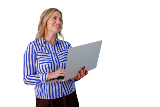 Professional businesswoman smiling, holding a laptop, working online and using wireless technology, standing with a transparent background