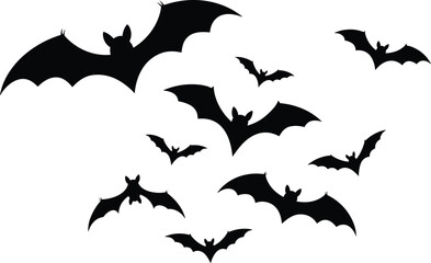 Black flying bat silhouettes on white background, spooky Halloween illustration, creepy night creatures, horror themed design elements for decoration