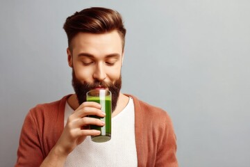 A bearded man drinks green juice against a gray wall. Healthy lifestyle, style, minimalism.