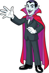 Cartoon vampire character in classic cape and suit, spooky Halloween Dracula illustration with fangs, glowing eyes and playful scary expression