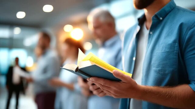 Hands holding prayer book in hospital waiting room anxiety support faces defocused mental health crisis faith medical emergency prayer family waiting area with copy space