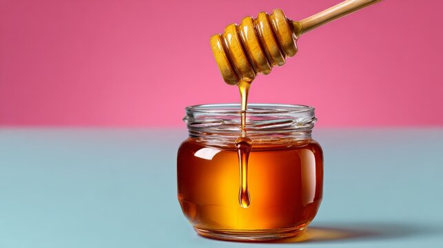 A jar of honey is poured out of a wooden spoon. The honey is golden and thick, and it drips down the side of the jar. The scene is simple and peaceful, with the honey being the main focus