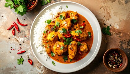A close-up overhead view of a white plate filled with fluffy white rice and a rich, orange chicken curry, garnished with fresh cilantro and sliced red chili pep