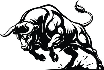 Fototapeta premium Angry bull vector illustration charging animal black and white design eps silhouette