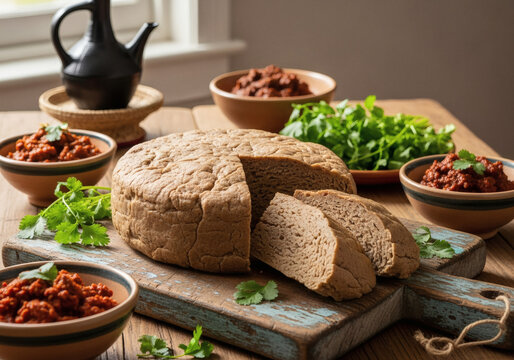 Authentic Ethiopian Kocho Bread Sliced on Rustic Wooden Farm Table