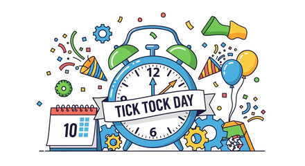 Tick Tock Day Celebration with Alarm Clock, Confetti, and Festive Elements – A Timely Reminder for Special Occasions