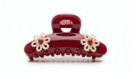 Elegant Burgundy Hair Claw with Floral Accents on White Backdrop.