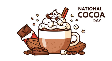 National Cocoa Day Illustration with Marshmallows, Chocolate Bar and Cocoa Beans